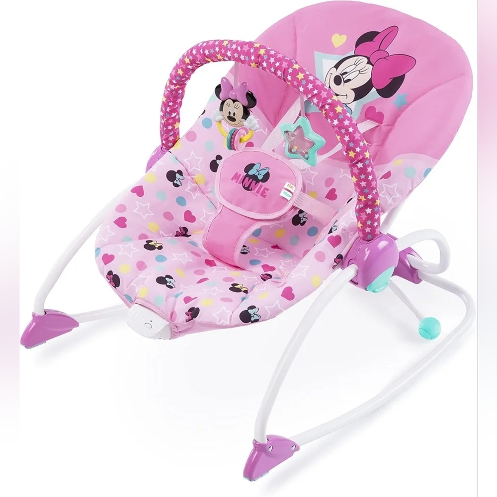 Disney Pink Minnie Mouse Stars & Smiles Infant Baby Toddler Bouncer Rocker Toy